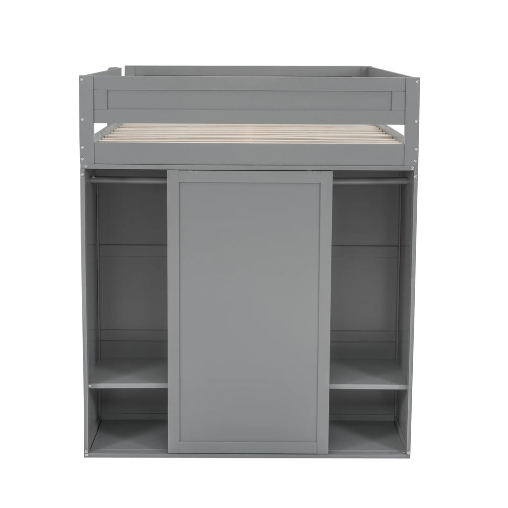 Wood Full Size Loft Bed with Storage Desk, Drawers and Wardrobe Y6554