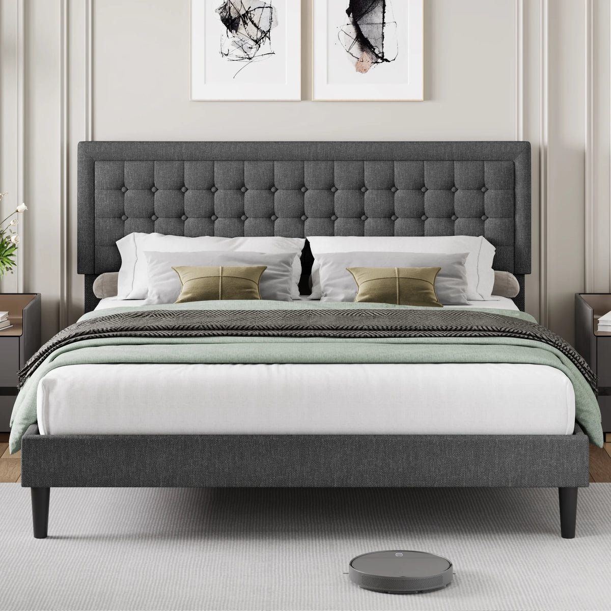 King Size Gray Linen Fabric Upholstered Bed Frame X998249