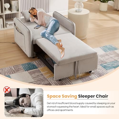 Black Velvet Convertible Sofa Bed Chair with USB Ports X854