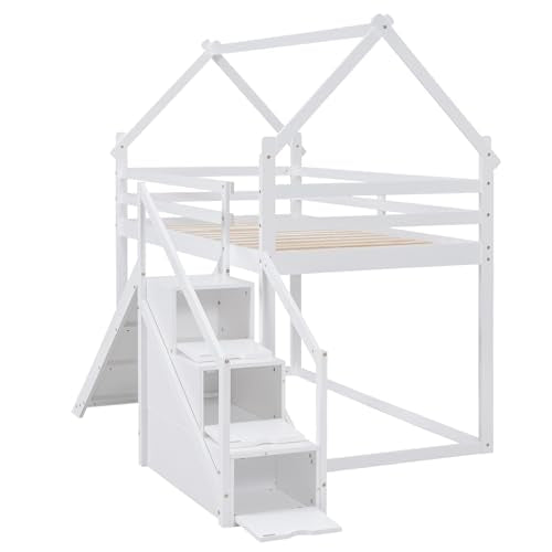 Twin Over Twin Wood House Bunk Bed with Slide and Storage Staircase Y2728