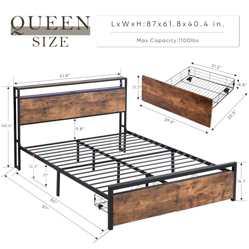 Black Queen Storage Headboard with 2 Drawers Platform Bed R5720