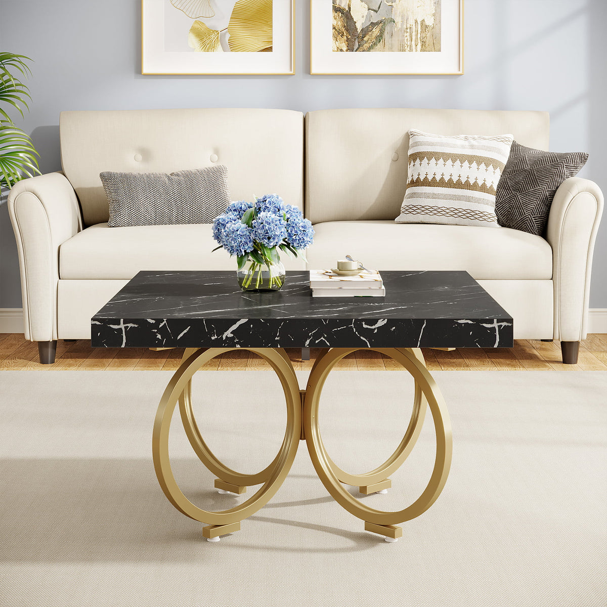 31.5 Inch Square Black Faux Marble Coffee Table J4859