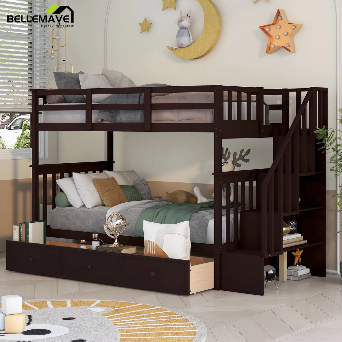 Twin over Twin Solid Wood Bunk Bed with Stairs and Storage Drawers R4566