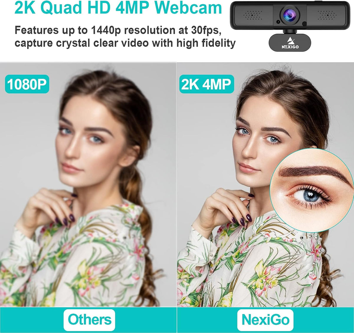 2K 4MP Zoomable Webcam with Privacy Cover & Dual Microphone, 3X Digital Zoom, 95-Degree Viewing, Quad HD USB Camera, Pack of 2 B74797