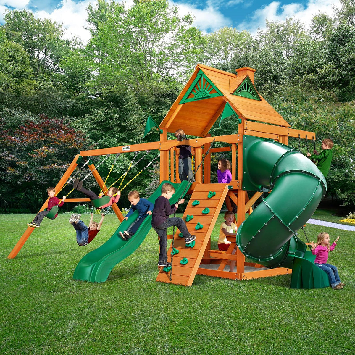 Brown Wooden Swing Set with Two Slides H938