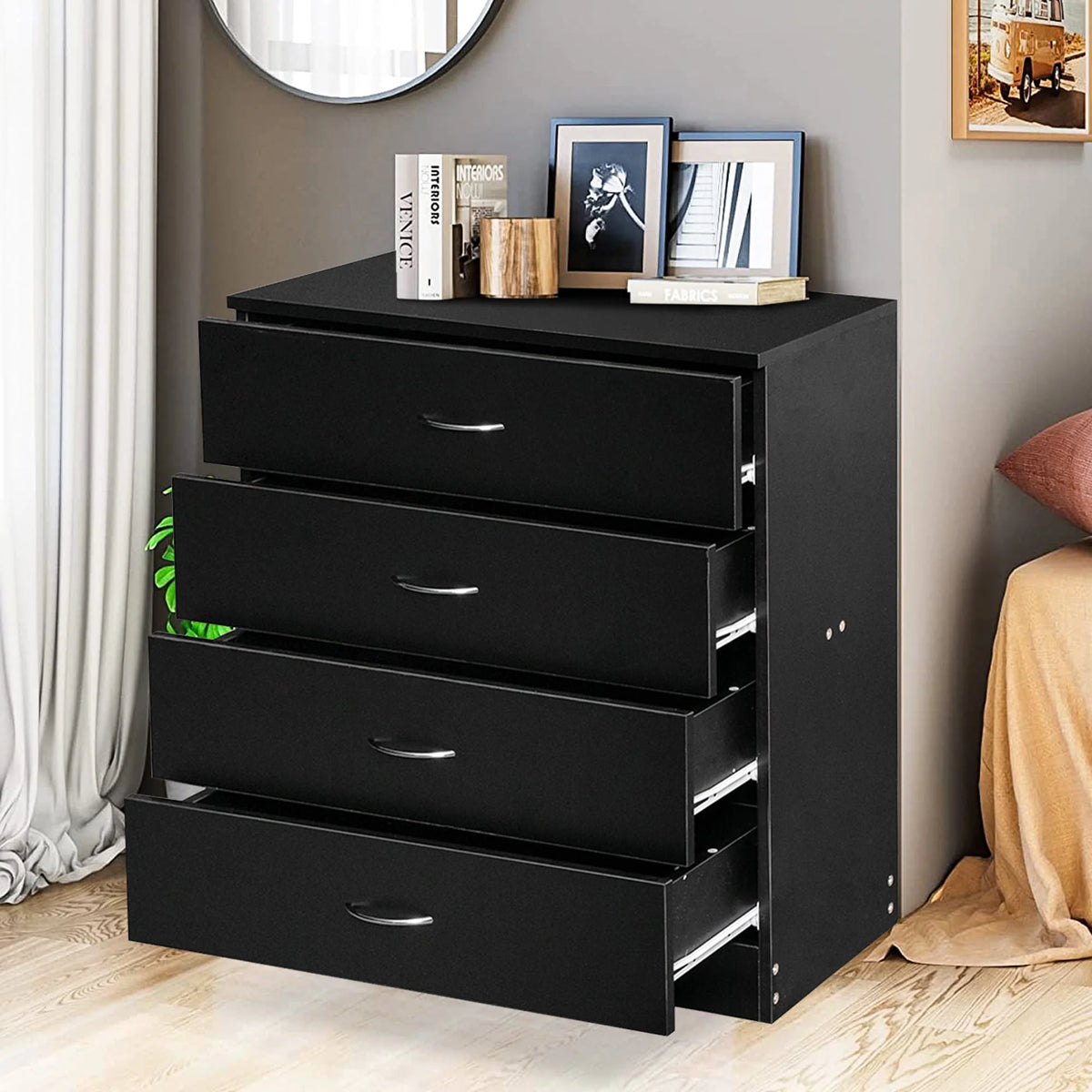 Black 4 Drawer Wood Dresser Y90070