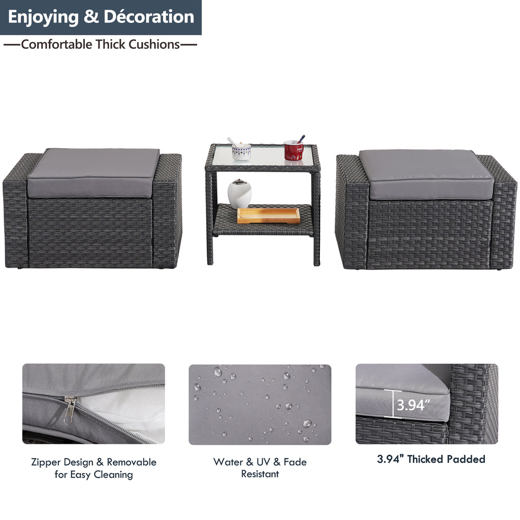 Patio Chair Set with Small Coffee Table, Outdoor Wicker Ottoman, Square Glass Table, Gray Cushions T312