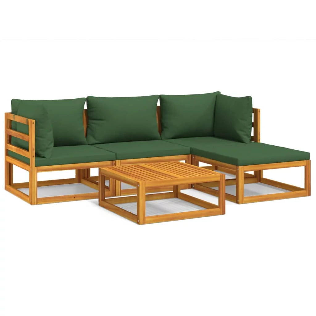 5 Piece Patio Set with Green Cushions Solid Wood D90381