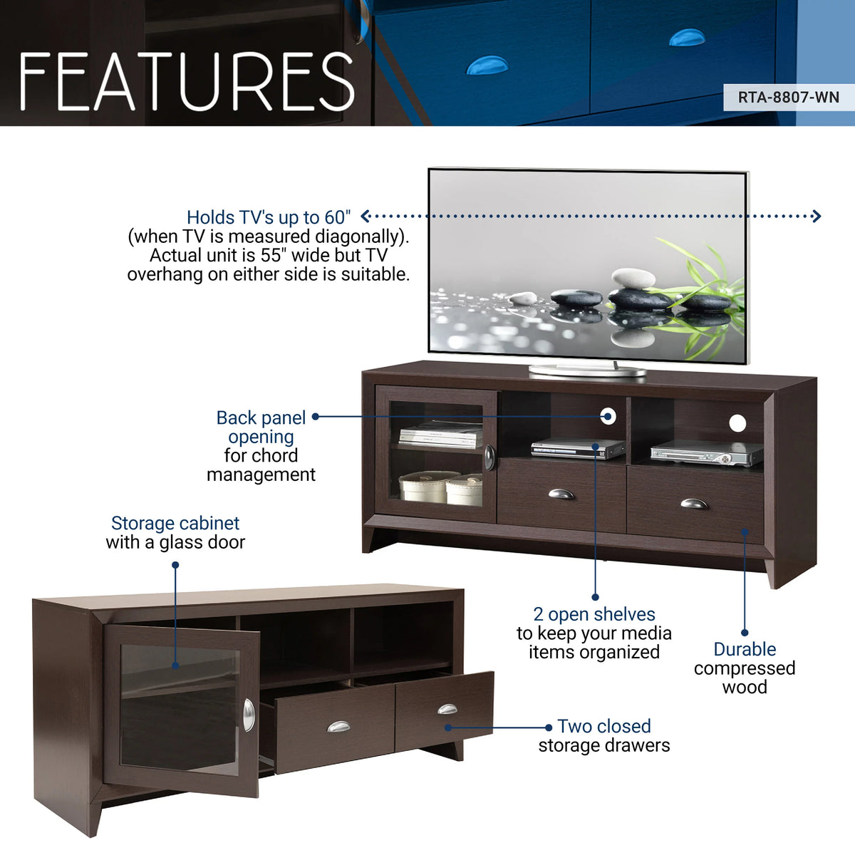 55" Modern TV Stand with Storage, Wenge Brown B99116