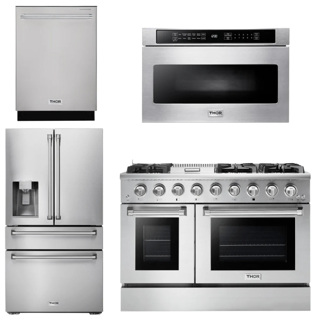 48 Gas Range, Refrigerator with Water and Ice Dispenser, Dishwasher, Microwave D418