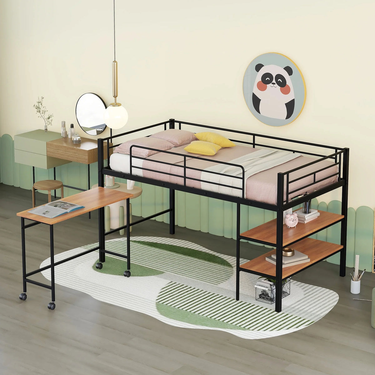 Twin Size Black Metal Loft Bed with Desk and Shelving Y2279