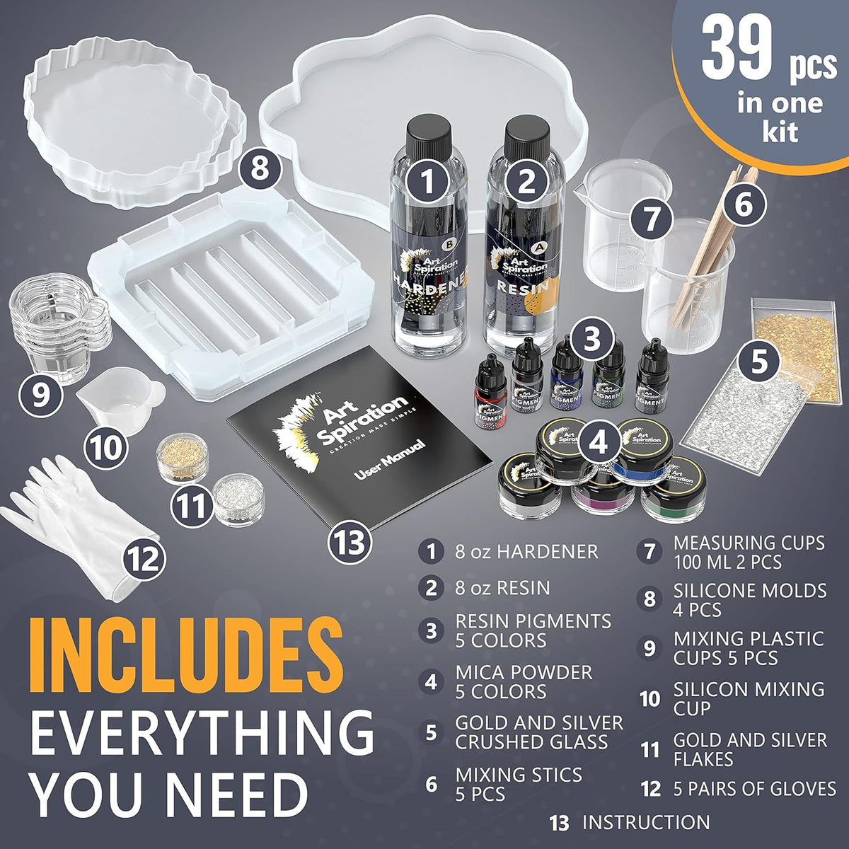 16 Oz Epoxy Resin Kit with Mica Powder, Silicone Molds, Crushed Glass E460850