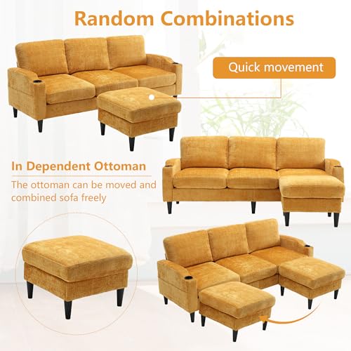 Pink Convertible Sectional Sofa Couch, 3-Seater Modular Sofas with Storage Ottoman, Chenille Fabric L Shaped Sectional Couches D141734