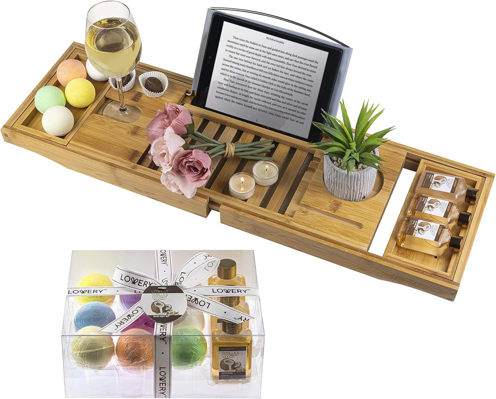 Bamboo Bathtub Caddy Tray with Book & Wine Holder, Expandable, Pack of 2 K33542