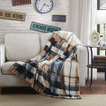 Blue Tan Plaid Plush Throw Blanket, Full/Queen Size J4048