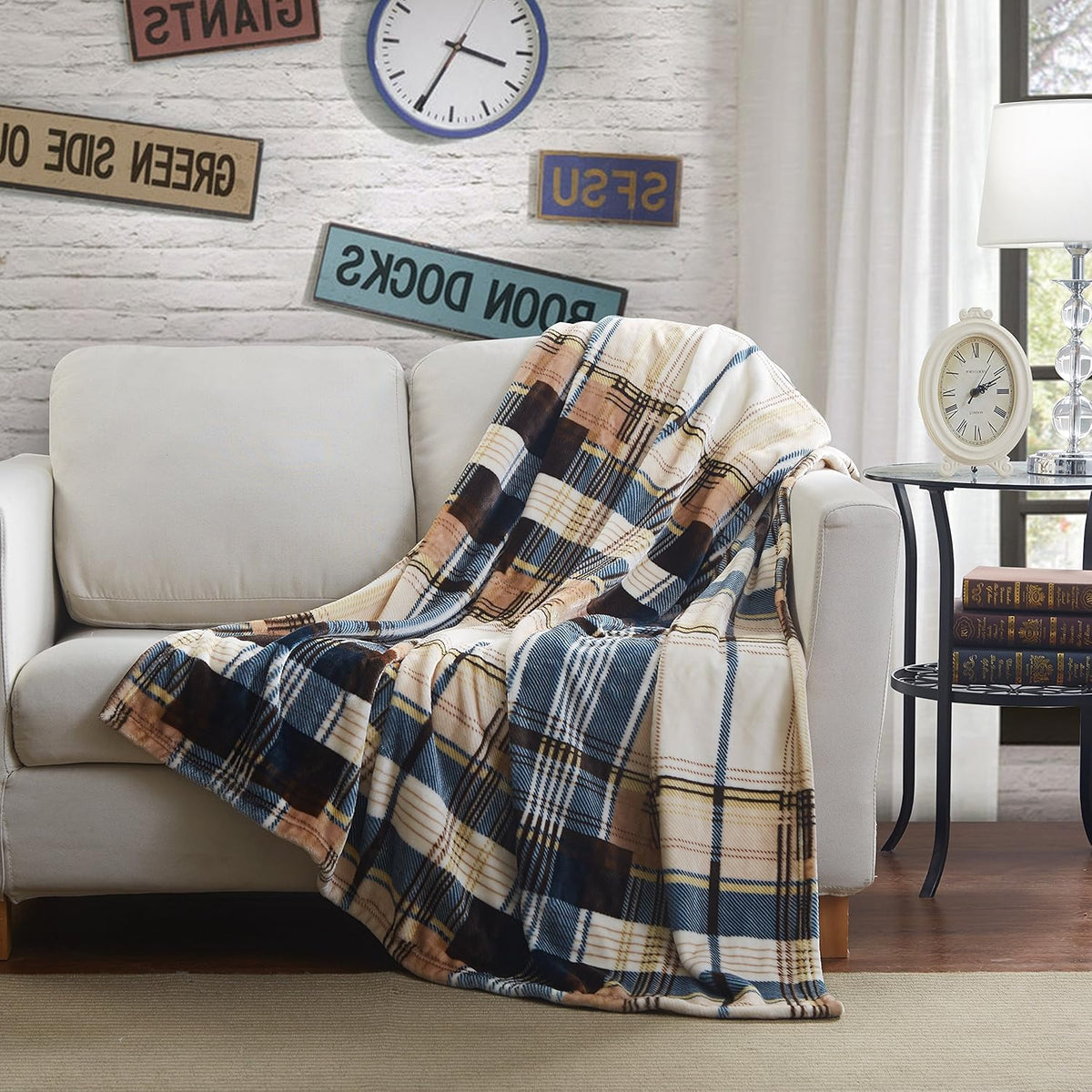 Blue Tan Plaid Plush Throw Blanket, Full/Queen Size J4048