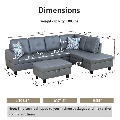 Faux Leather L Shaped Sectional Sofa with Storage Ottoman and Two Pillow M4238