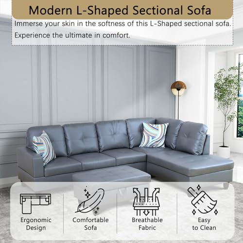 Faux Leather L Shaped Sectional Sofa with Storage Ottoman and Two Pillow M4238