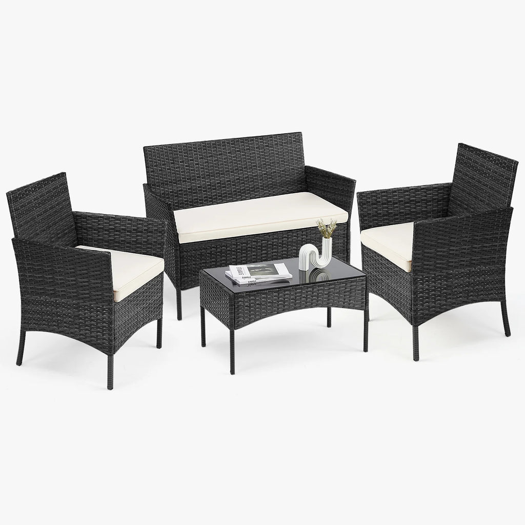 Black Outdoor Patio Furniture Set with Sectional Sofa, Table, Chairs and Cushions T511