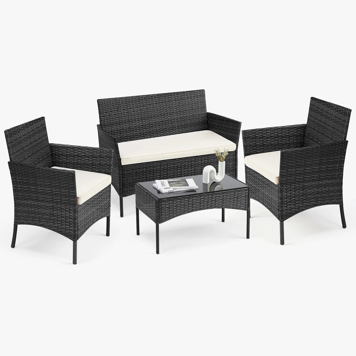 Black Outdoor Patio Furniture Set with Sectional Sofa, Table, Chairs and Cushions T511