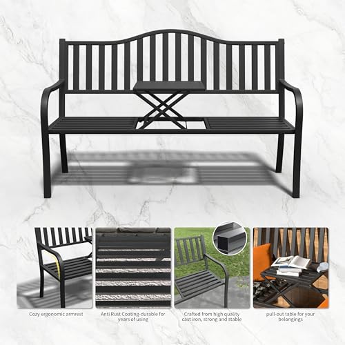 50" Metal Outdoor Bench with Backrest & Armrests F49547