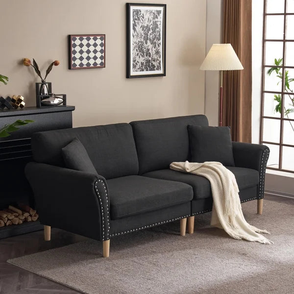 Black Upholstered 2-Seat Loveseat Sofa with 2 Pillows Q90243
