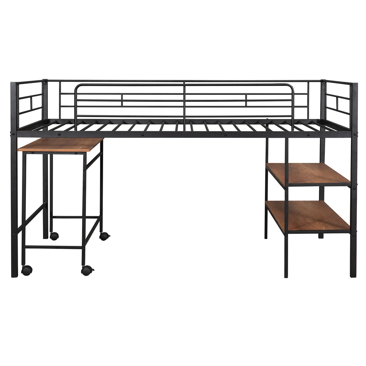 Twin Size Black Metal Loft Bed with Desk and Shelving Y2279