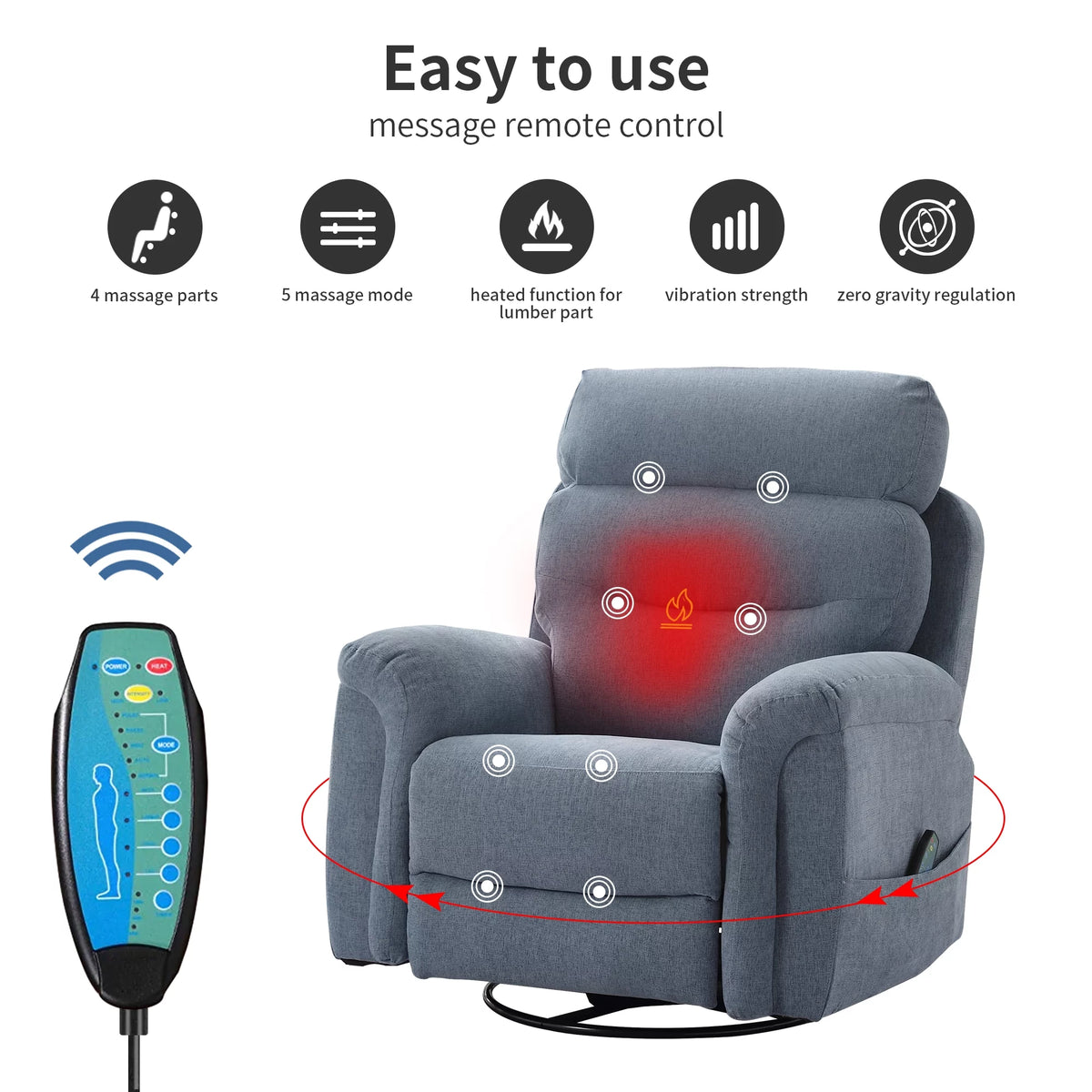 Upholstered Swivel Rocker Recliner Chair with Massage T426451