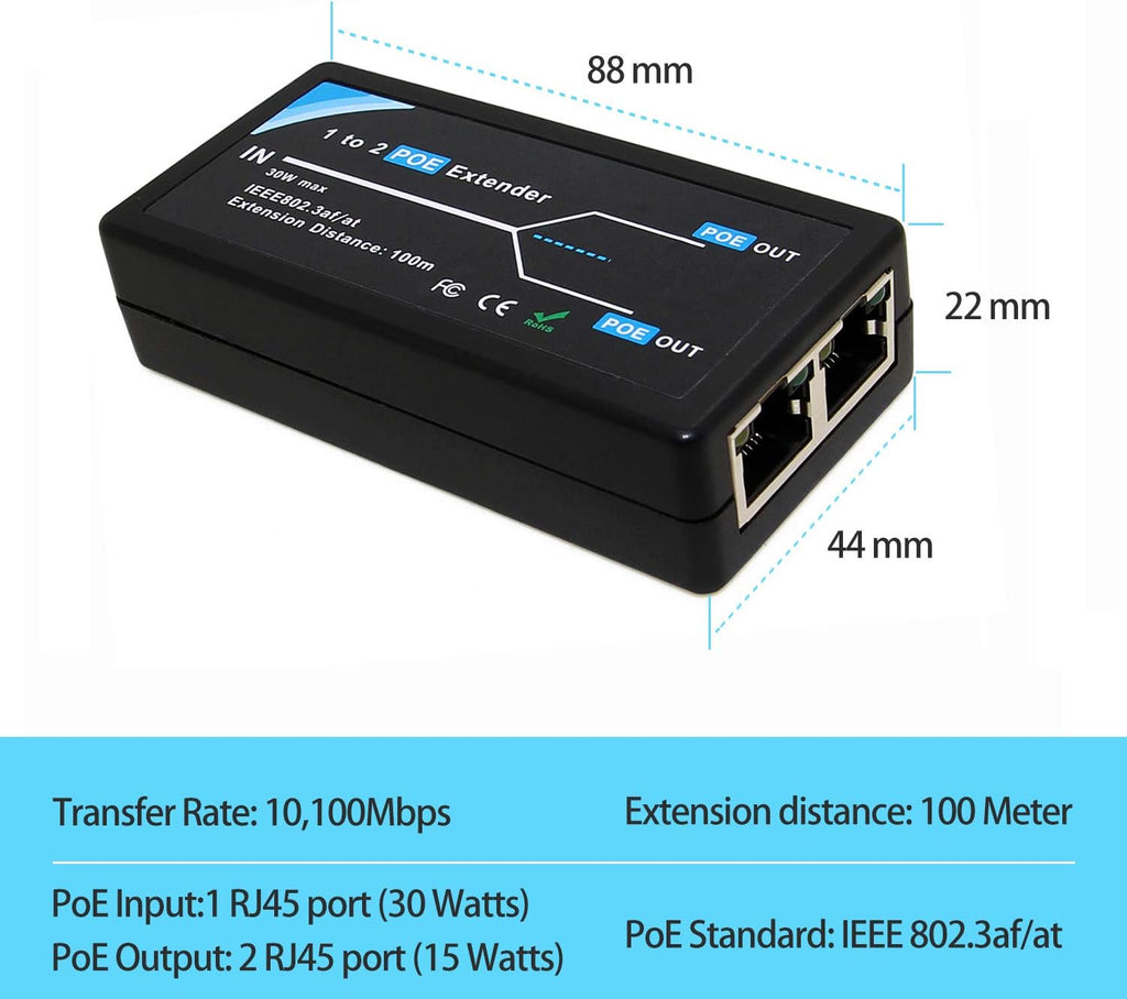 2 Port POE Extender Repeater 100 Meters 1 in 2 Out 10,100Mbps for Security POE Camera Over Cat5/Cat6 Cables B69069