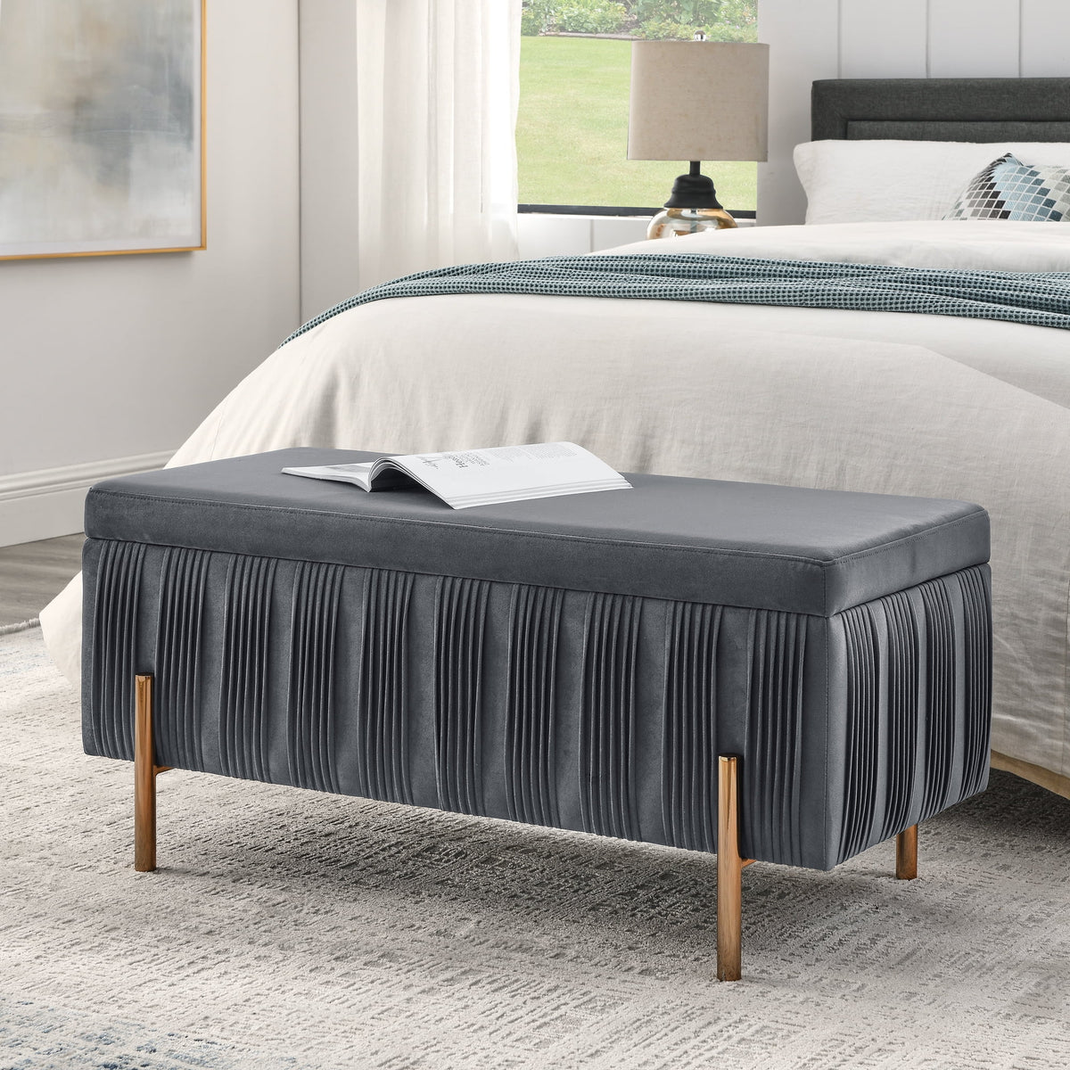 Grey Velvet Upholstered Storage Bench X2427