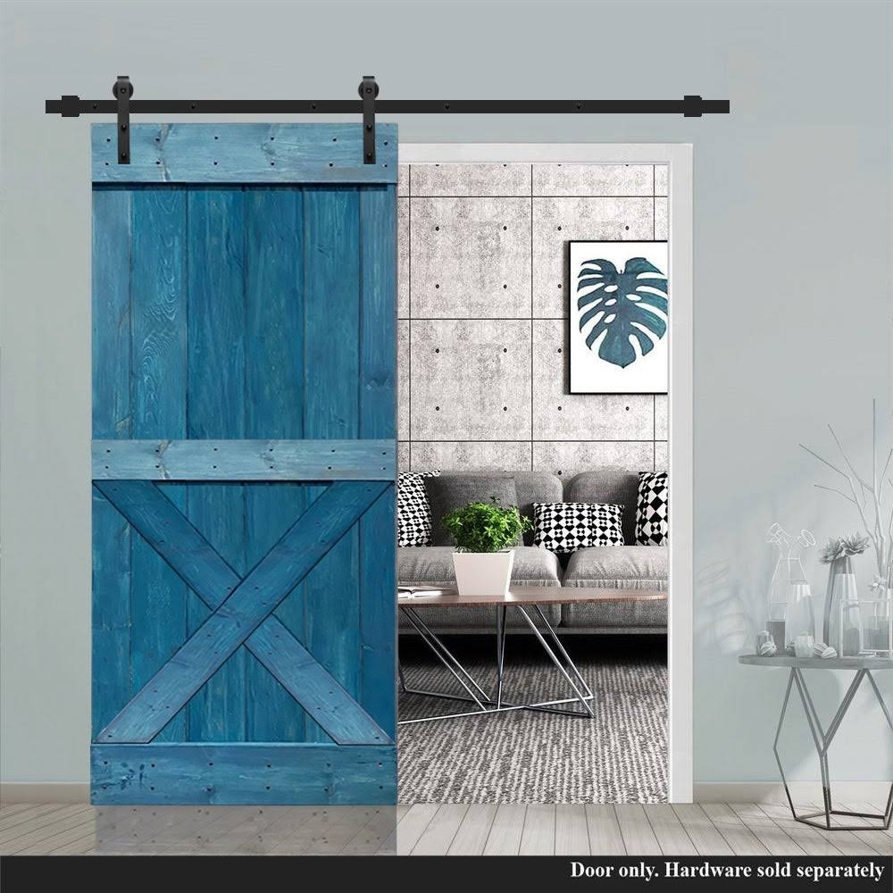Ocean Blue Stained Pine Wood Interior Sliding Barn Door Slab G175574