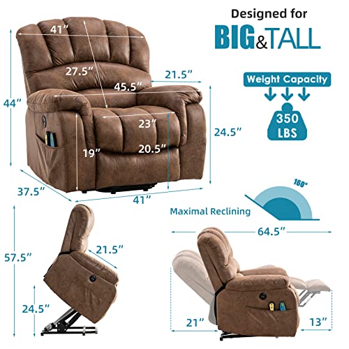 Large Power Lift Recliner Chair with Massage and Heat, Extra Wide Oversized Electric Recliner, 350lbs Capacity (Brown) N530