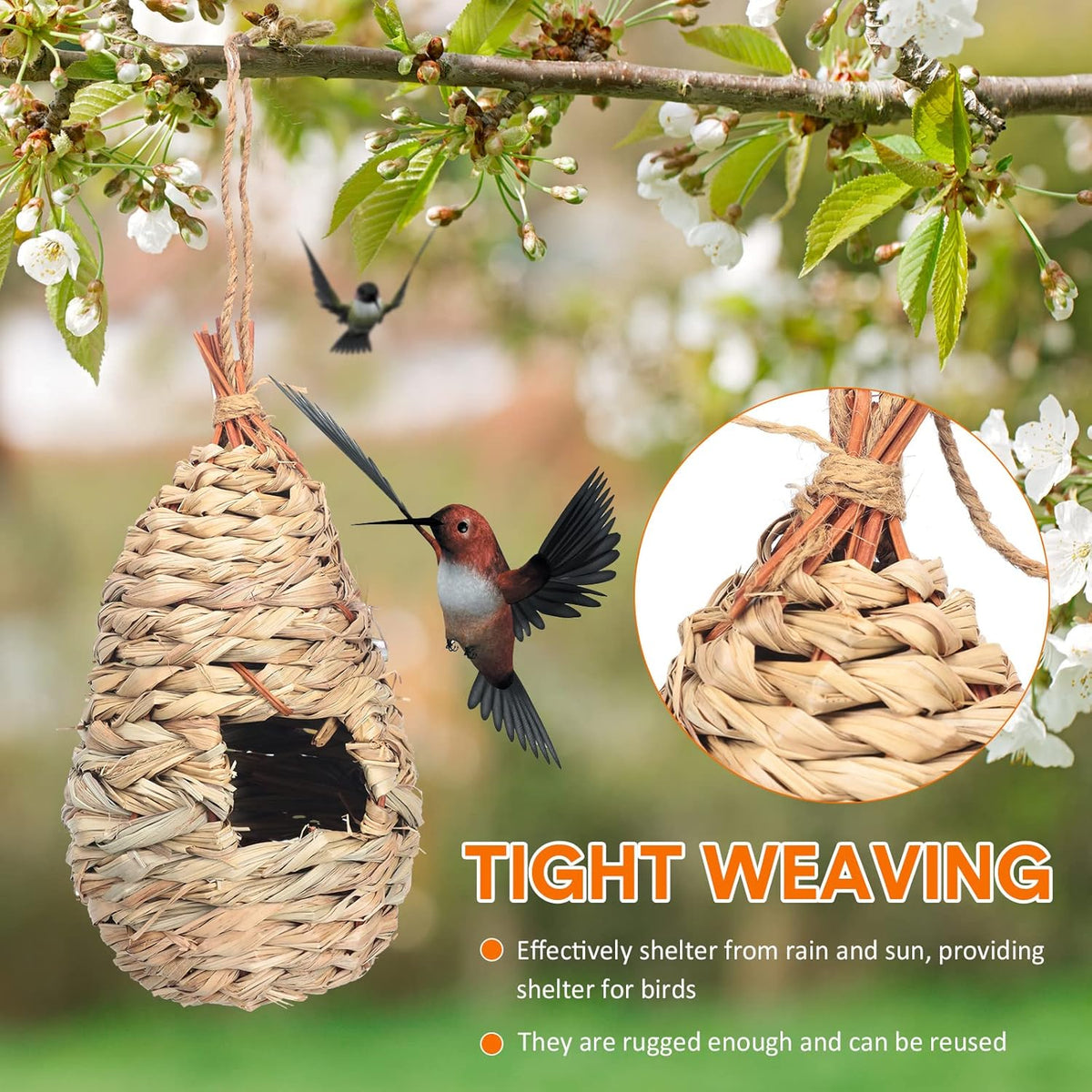 8 Pack 9.45 x 4.33 Inch Hand Woven Natural Fiber Hummingbird Nest Houses X204733