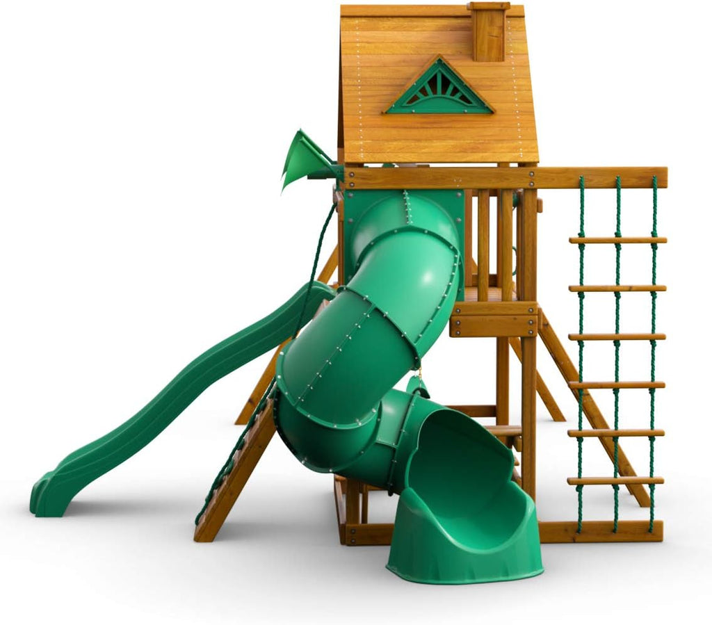 Brown Wooden Swing Set with Two Slides H938