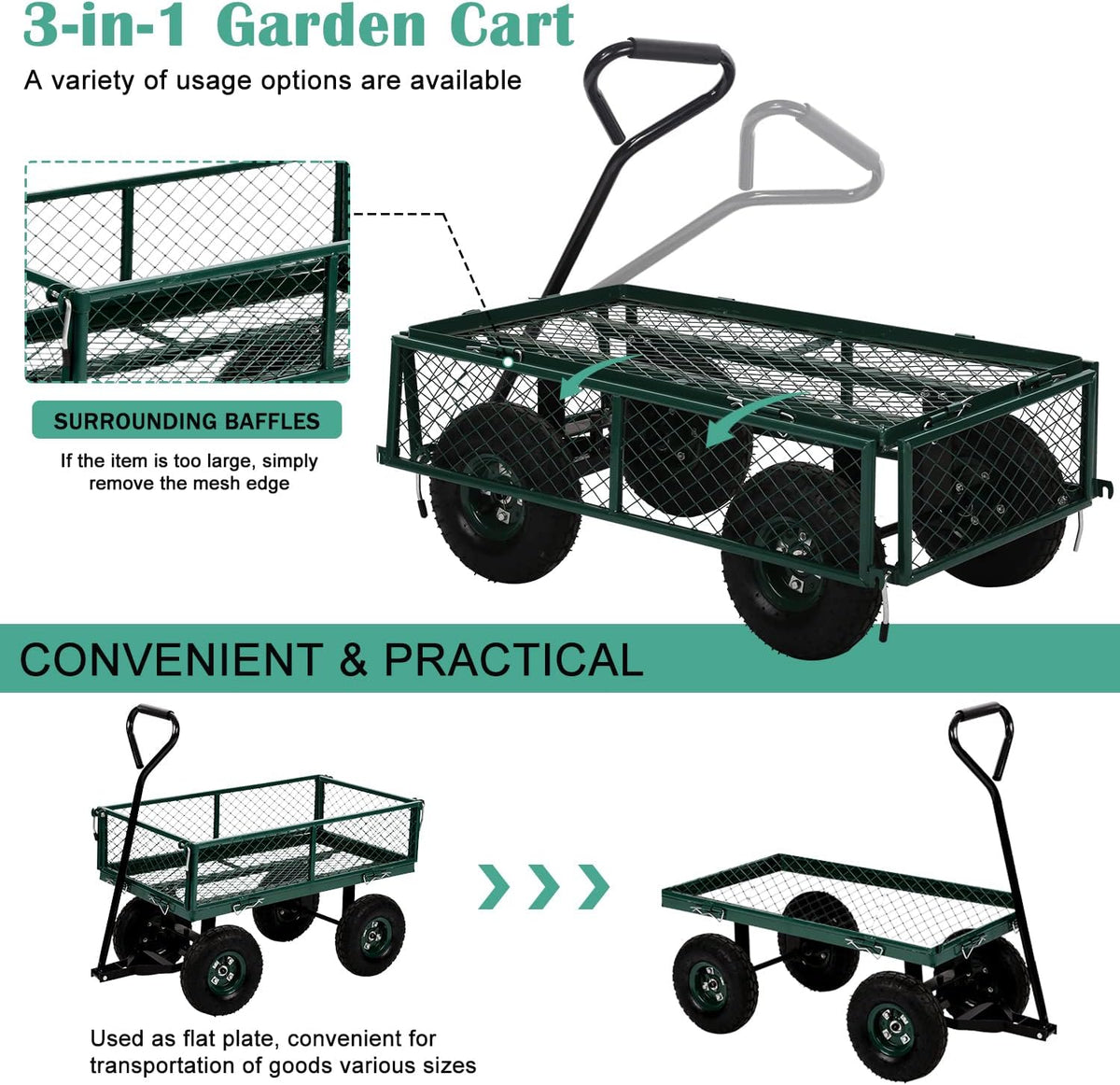 Heavy Duty Utility Wagon Garden Cart with Removable Sides, 400lb Weight Capacity, Folding Collapsible Wagon V12375