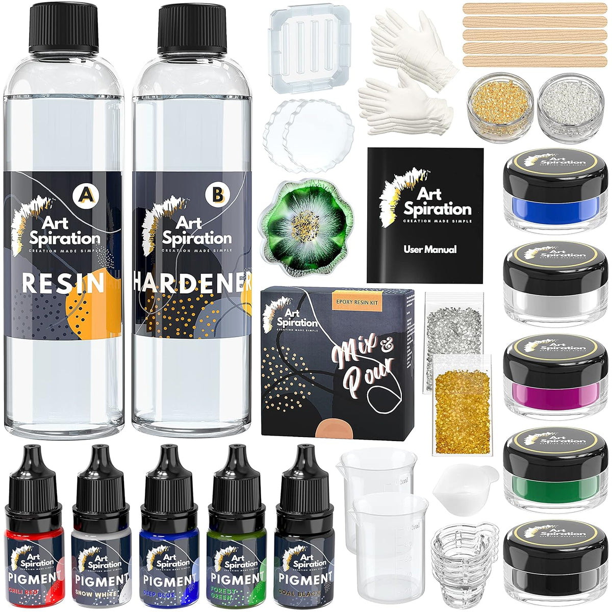 16 Oz Epoxy Resin Kit with Mica Powder, Silicone Molds, Crushed Glass E460850
