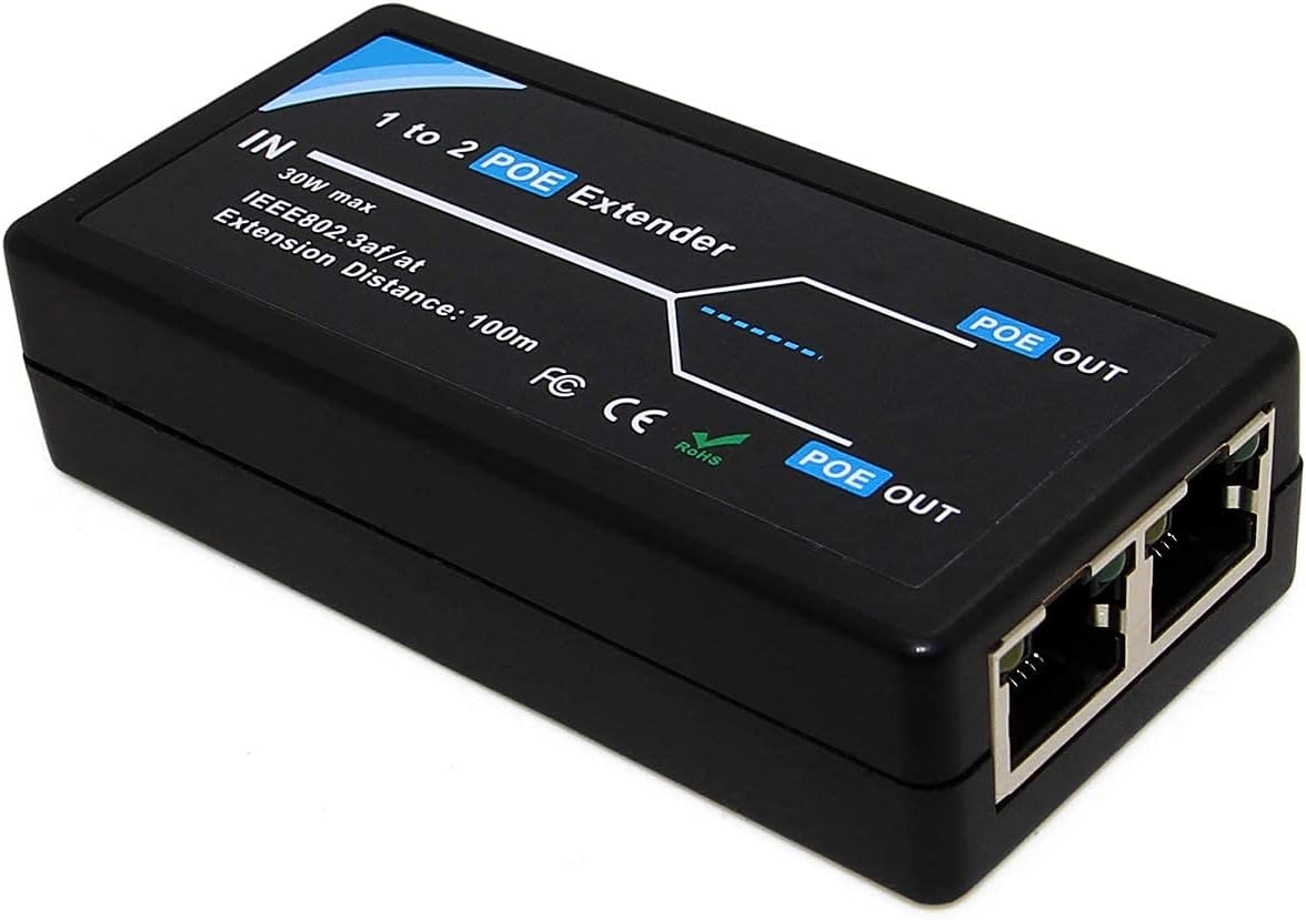 2 Port POE Extender Repeater 100 Meters 1 in 2 Out 10,100Mbps for Security POE Camera Over Cat5/Cat6 Cables B69069