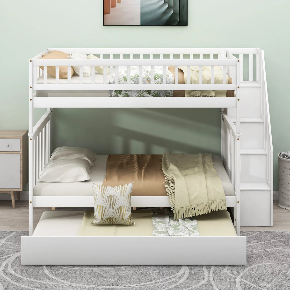 White Full over Full Bunk Bed with Trundle and Storage Shelves H4077