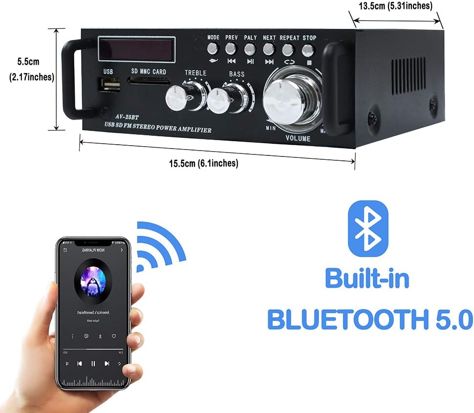 Wireless Bluetooth 5.0 Stereo Amplifier System, 200W Dual Channel Audio Receiver with Remote Control, Pack of 2 A439047