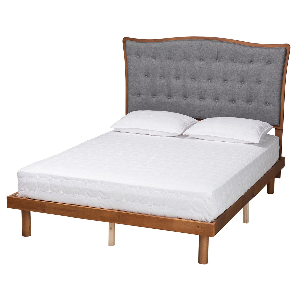Grey Fabric and Walnut Brown Wood King Size Platform Bed J8731