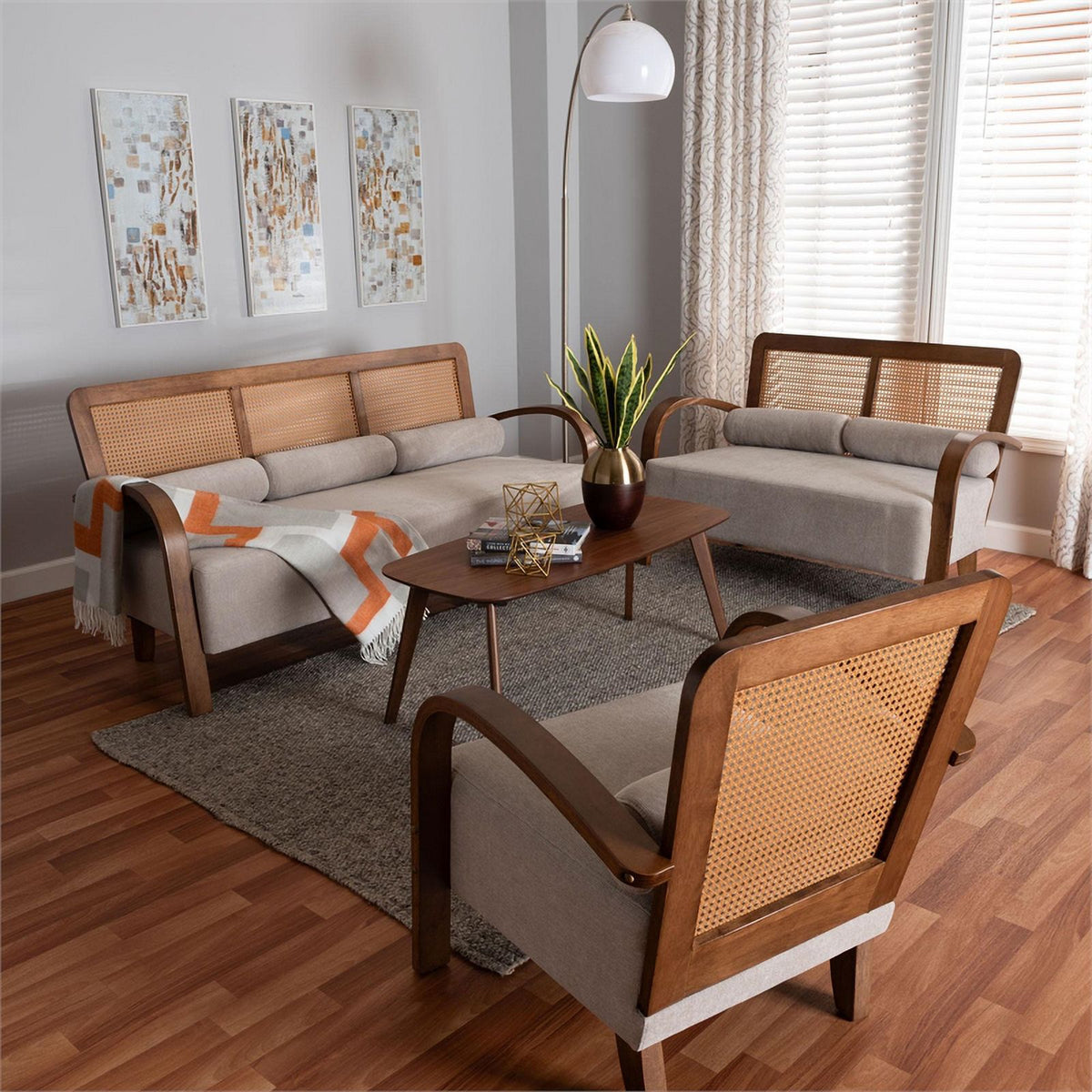 Sage Gray Fabric and Brown Wood 3-Piece Living Room Set M12826
