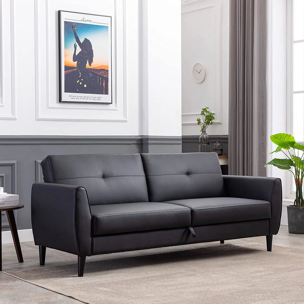 Black PU Leather Convertible Folding Sleeper Sofa Bed with Storage Box G518