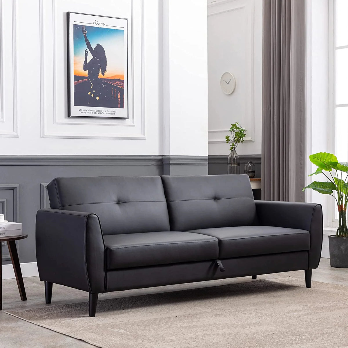 Black PU Leather Convertible Folding Sleeper Sofa Bed with Storage Box G518