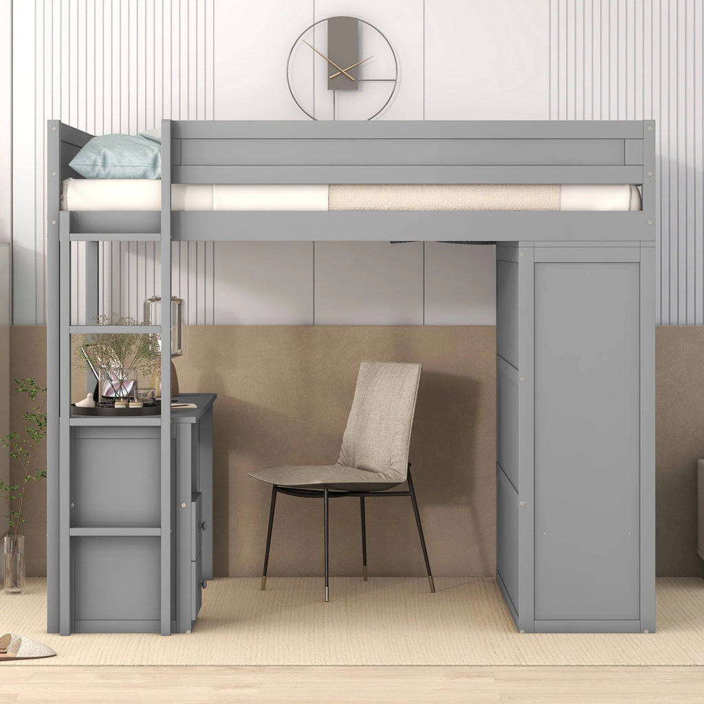 Wood Full Size Loft Bed with Storage Desk, Drawers and Wardrobe Y6554