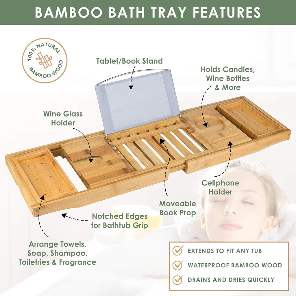 Bamboo Bathtub Caddy Tray with Book & Wine Holder, Expandable, Pack of 2 K33542