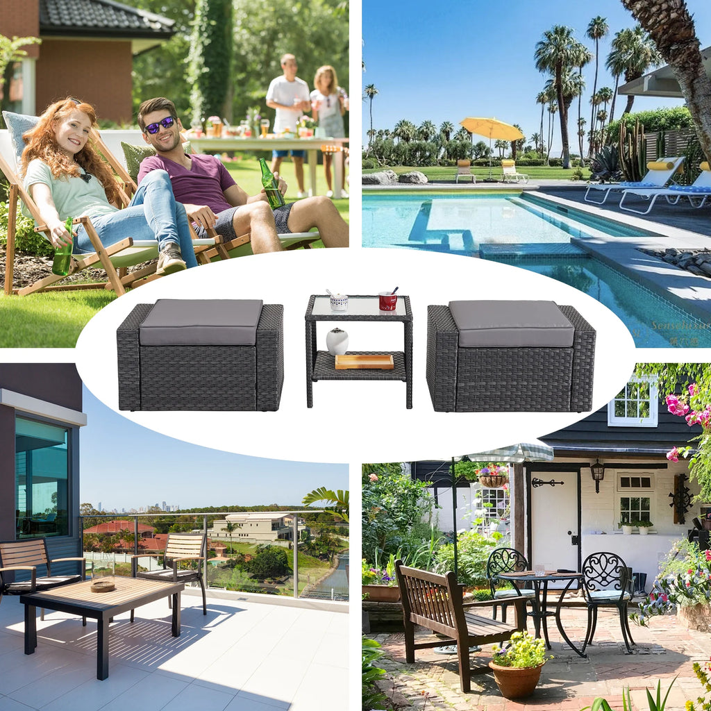 Patio Chair Set with Small Coffee Table, Outdoor Wicker Ottoman, Square Glass Table, Gray Cushions T312