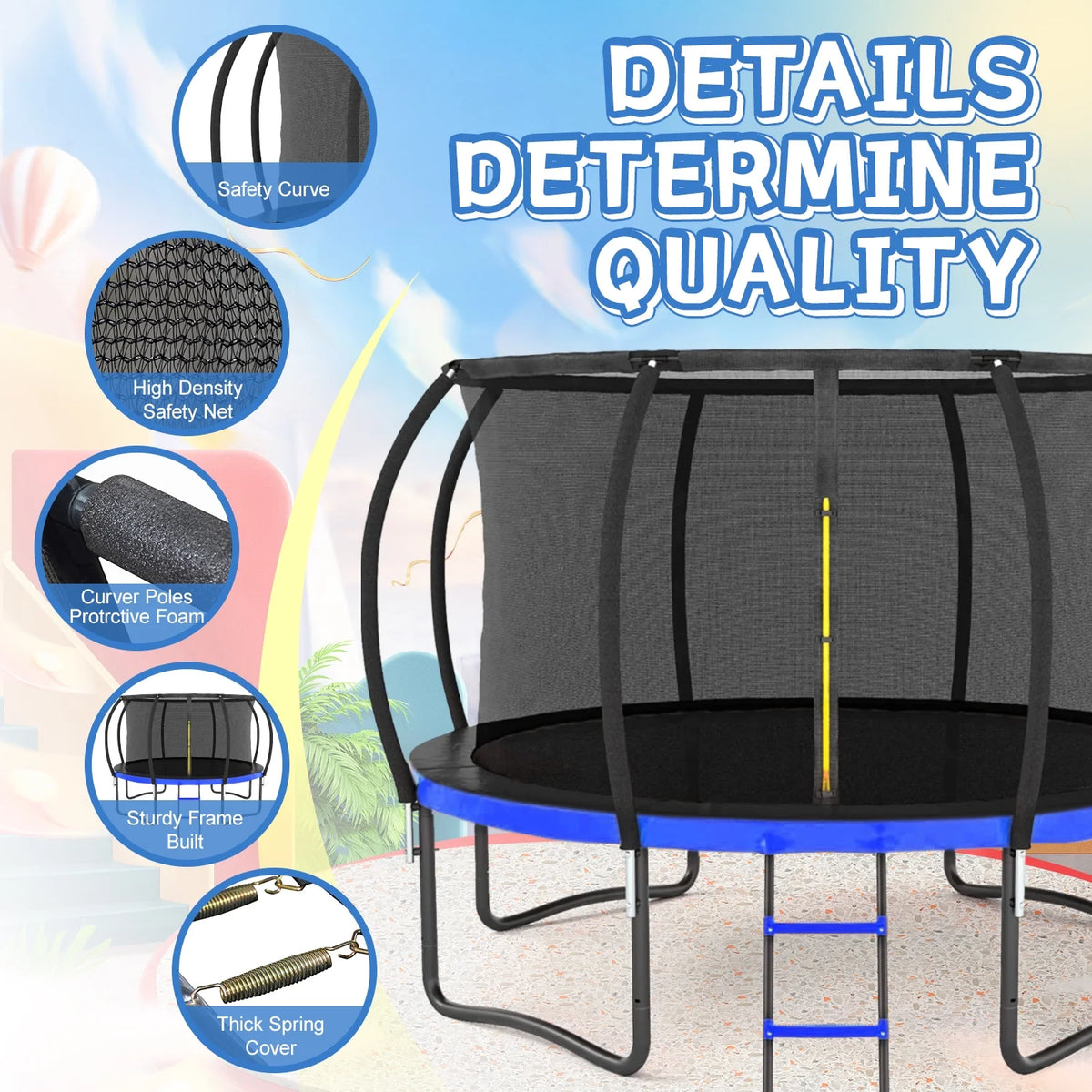 12 FT Outdoor Children's Trampoline with Safety Fence Net, Ladder, PVC Spring Cover Pad I533