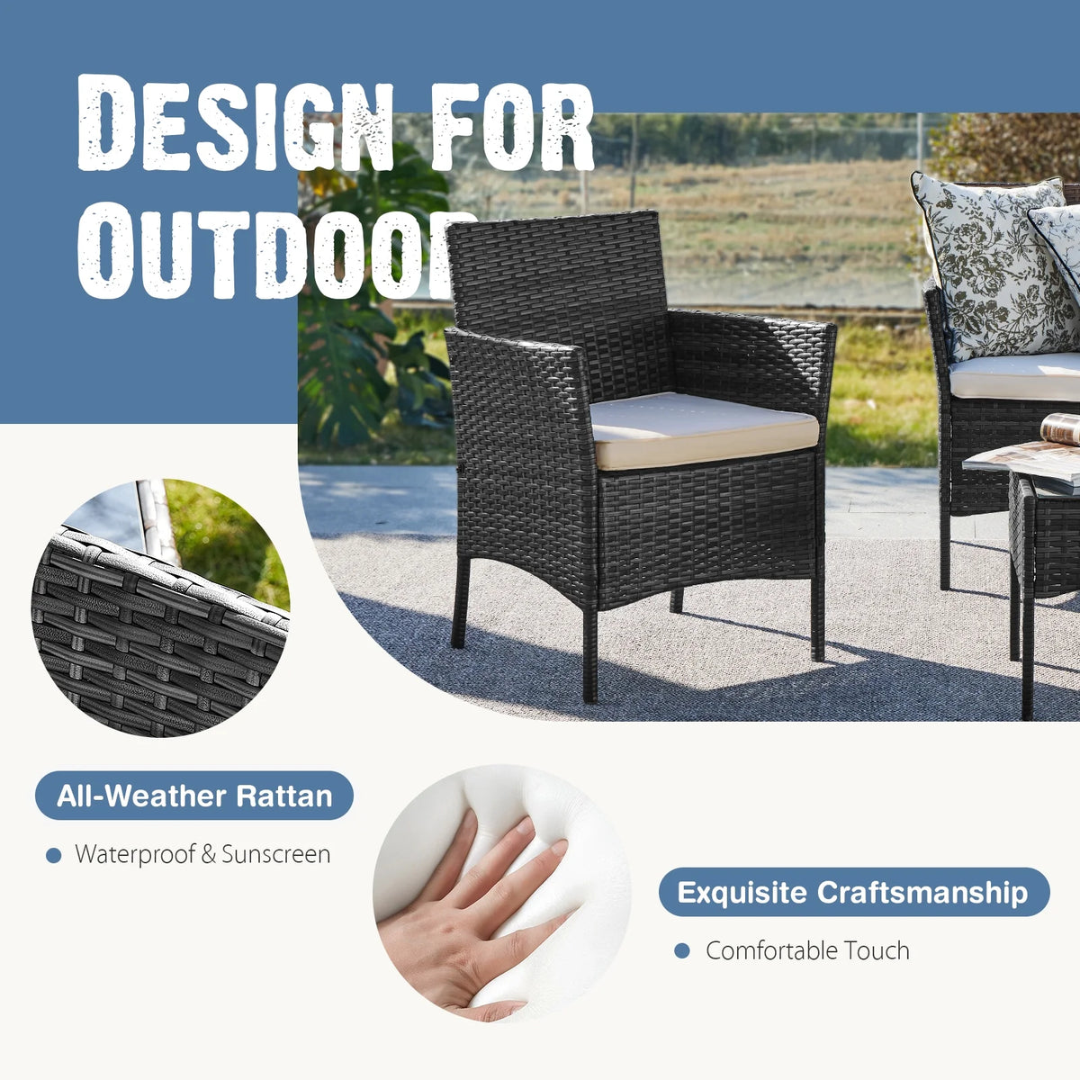 Black Outdoor Patio Furniture Set with Sectional Sofa, Table, Chairs and Cushions T511