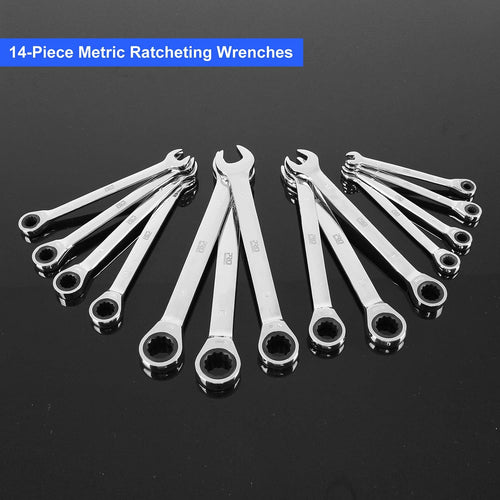 14-Piece Ratcheting Wrench Set, 6-19mm Metric Chrome Vanadium Steel Combination Ended Spanner Kit with Storage Case X6859