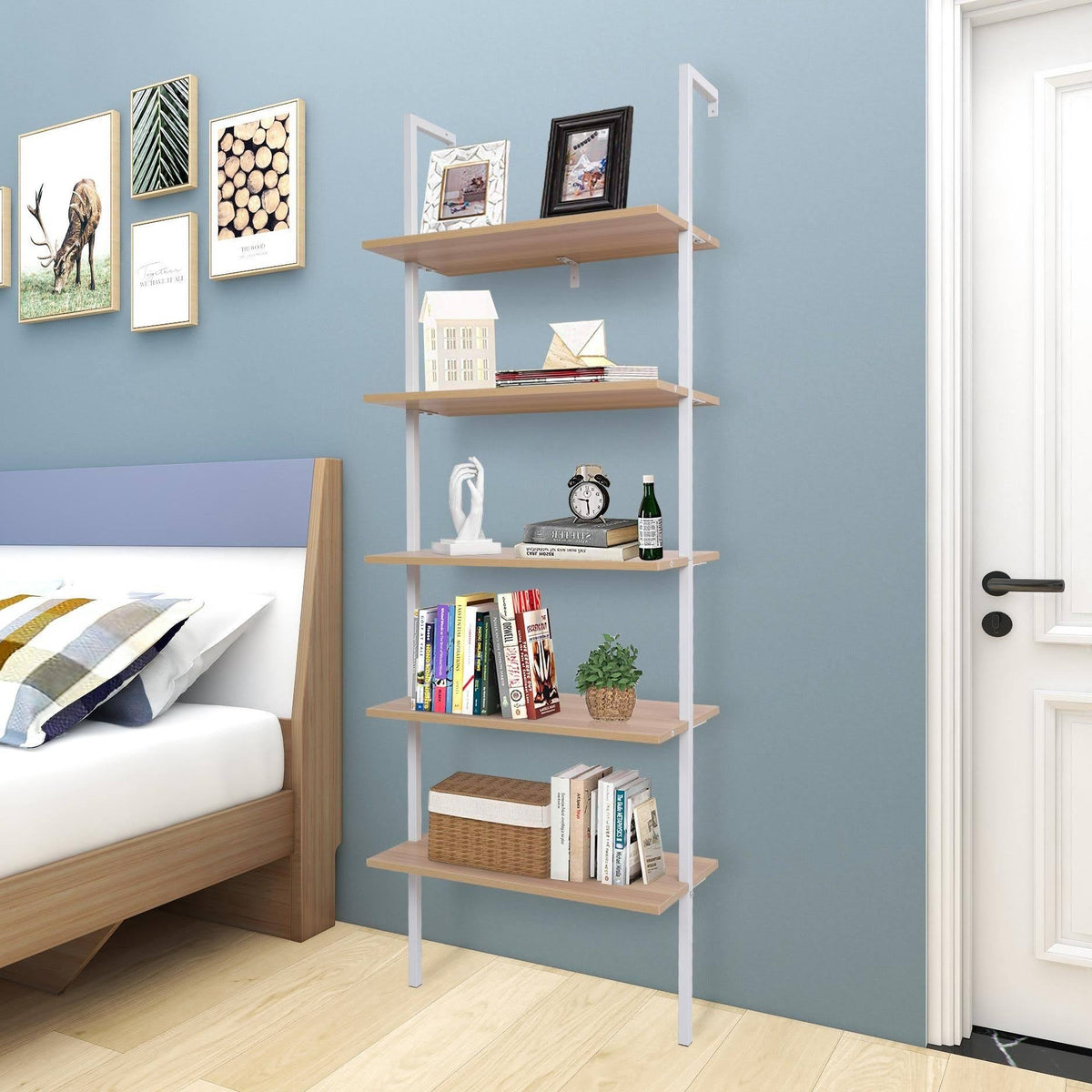 5-Tier Wood Ladder Bookcase with Metal Frame O580093